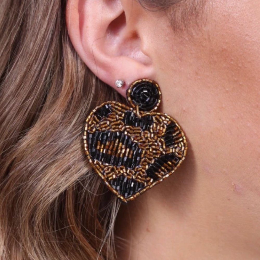 Beaded Leopard Print Heart Earrings